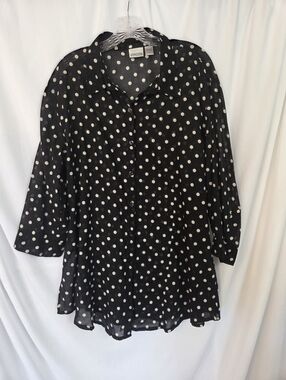 Chico's Black Blouse with White Polka Dots Long, Sheer, Layer Top Size 3-  XL